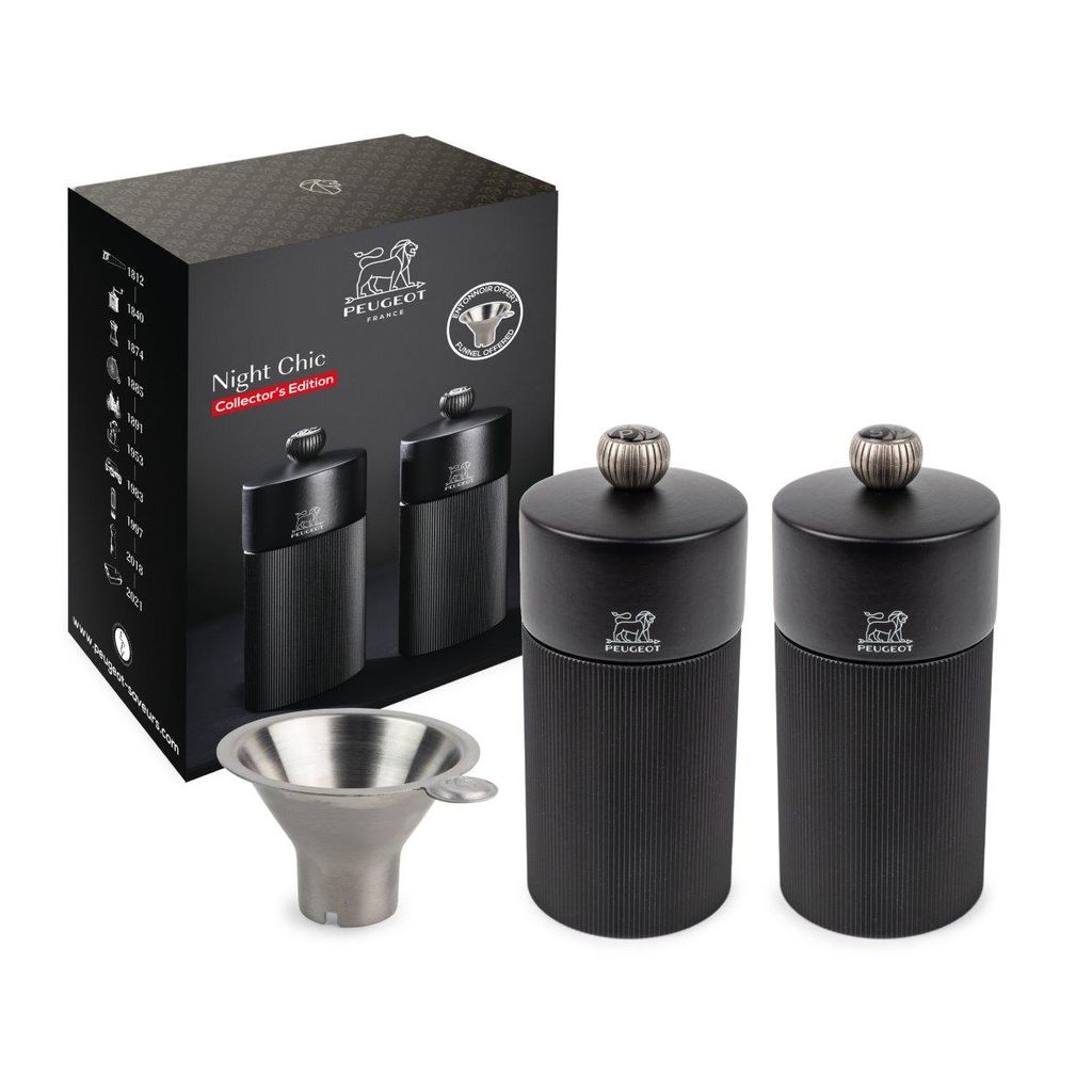 Duo de moulins à poivre et à sel Line noir mat 12 cm + entonnoir en inox - Visuel 0